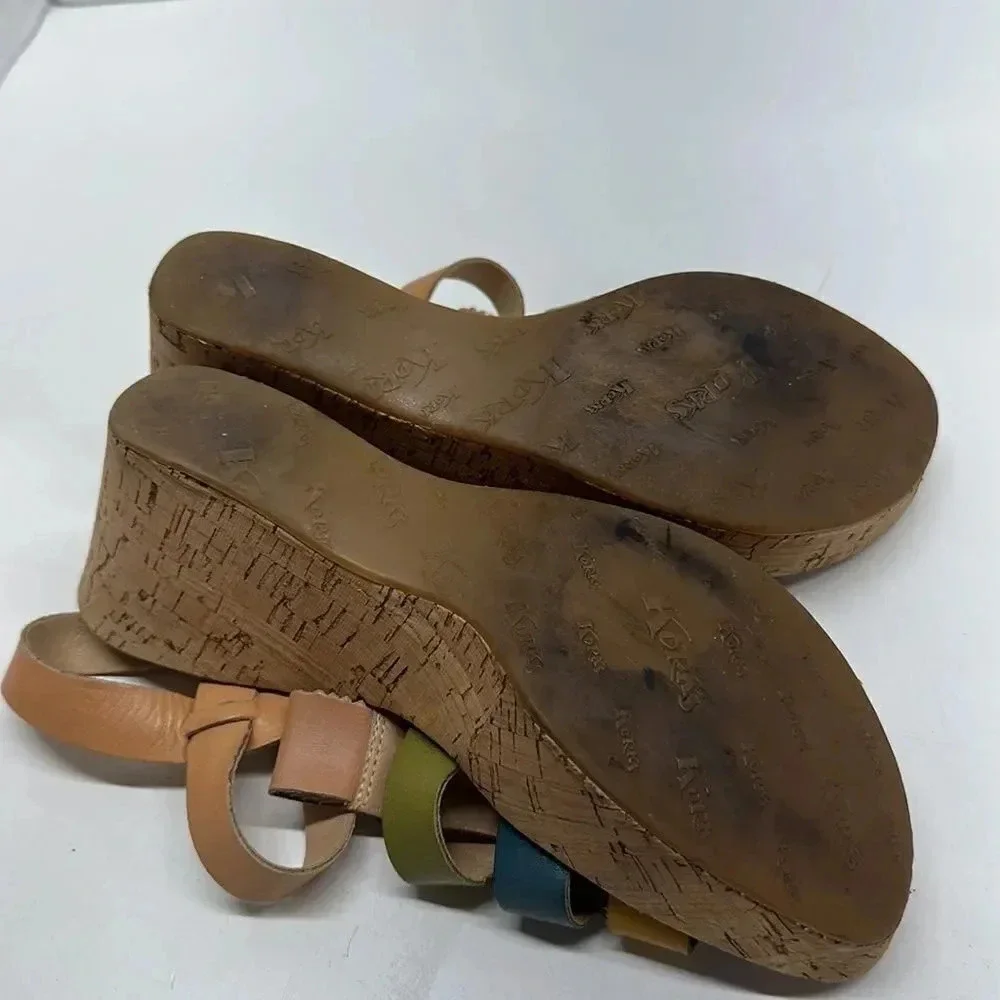 Kork Ease Wedges Sandals High Heel Shoes Wedge Leather MultiColor Strappy Size 8